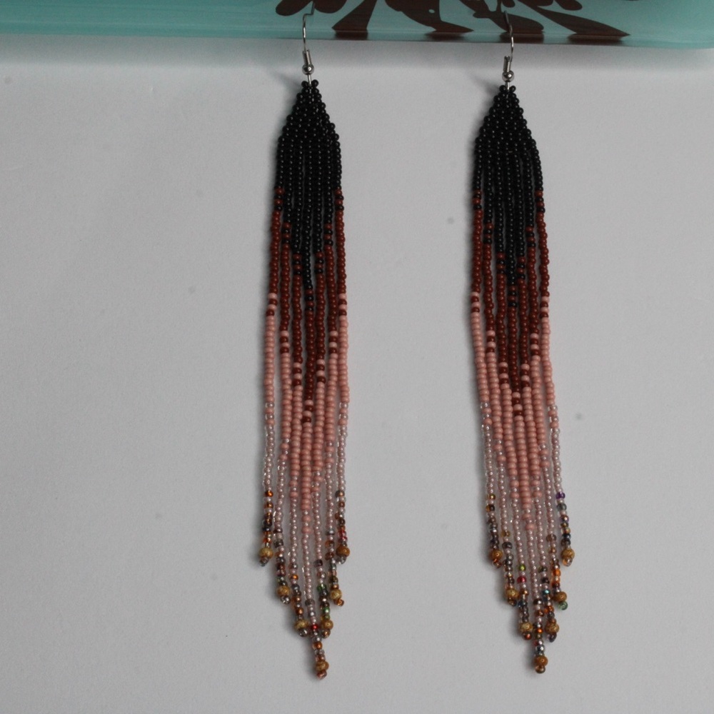 Handmade Seed Beaded Earrings Black Brown Long Beaded Earrings 5.5” Long